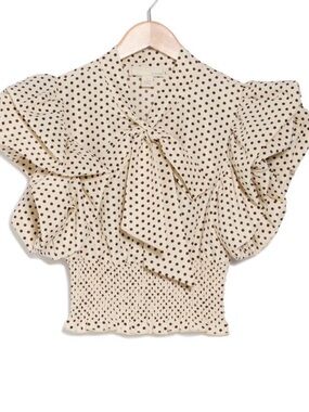 Rich & Famous Tie-Neck Smocked Waist Polka Dot Blouse in Cream and Brown